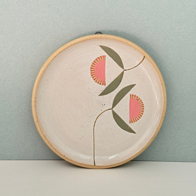 Wall Plate pink double flower with olive green leaves 