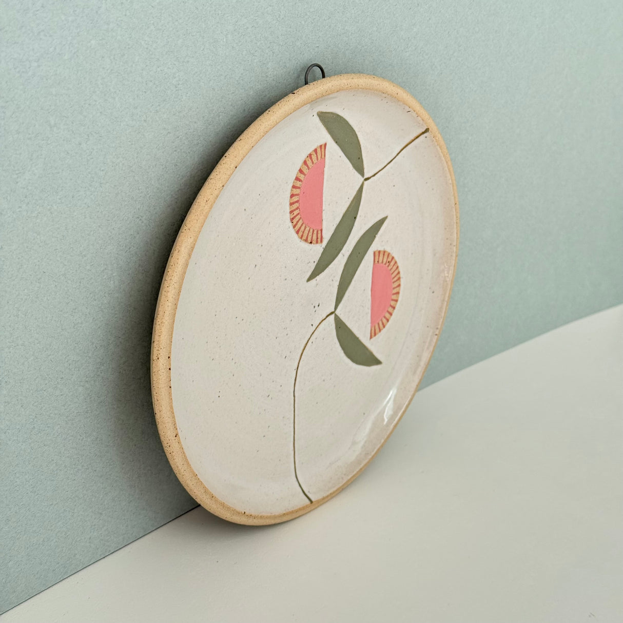 Julems / Ceramics / Hanging Plate / Pink Double Flower Green Leaves