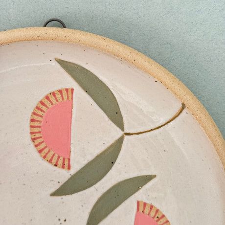 Julems / Ceramics / Hanging Plate / Pink Double Flower Green Leaves