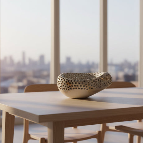 Ceramic basin bowl with a drilled holes textured surface on a Scandinavian dining table