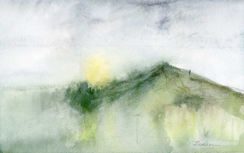 Winter Light at Sunset #1 is part of the artist's interpretation of the environment of Mt Tamalpais in Marin County in watercolor. Ilysa Leder captures the fleeting moments that occur within time and topography.