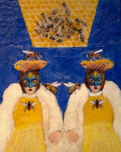 Two female figures in yellow dresses and blue masks with bee designs against a blue background.
