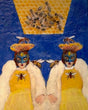 Two female figures in yellow dresses and blue masks with bee designs against a blue background.