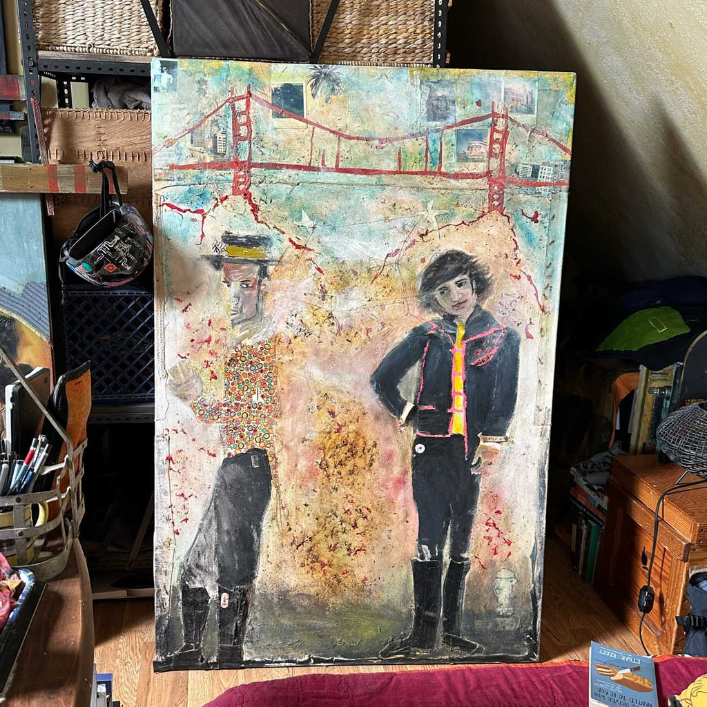 Making Connection Mixed Media Painting by Jamie Kelty inspired by an image of Oscar Wild, James Baldwin and the San Francisco Golden Gate Bridge