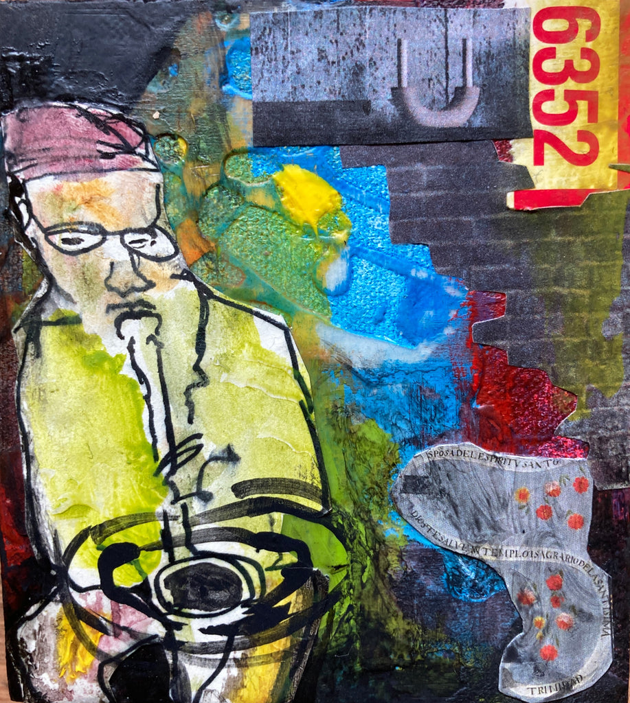 Sax Man Mixed Media Painting has acrylic, ink, sketchbook drawings, photos, assorted paper, and magazines piecemealed together to form the composition