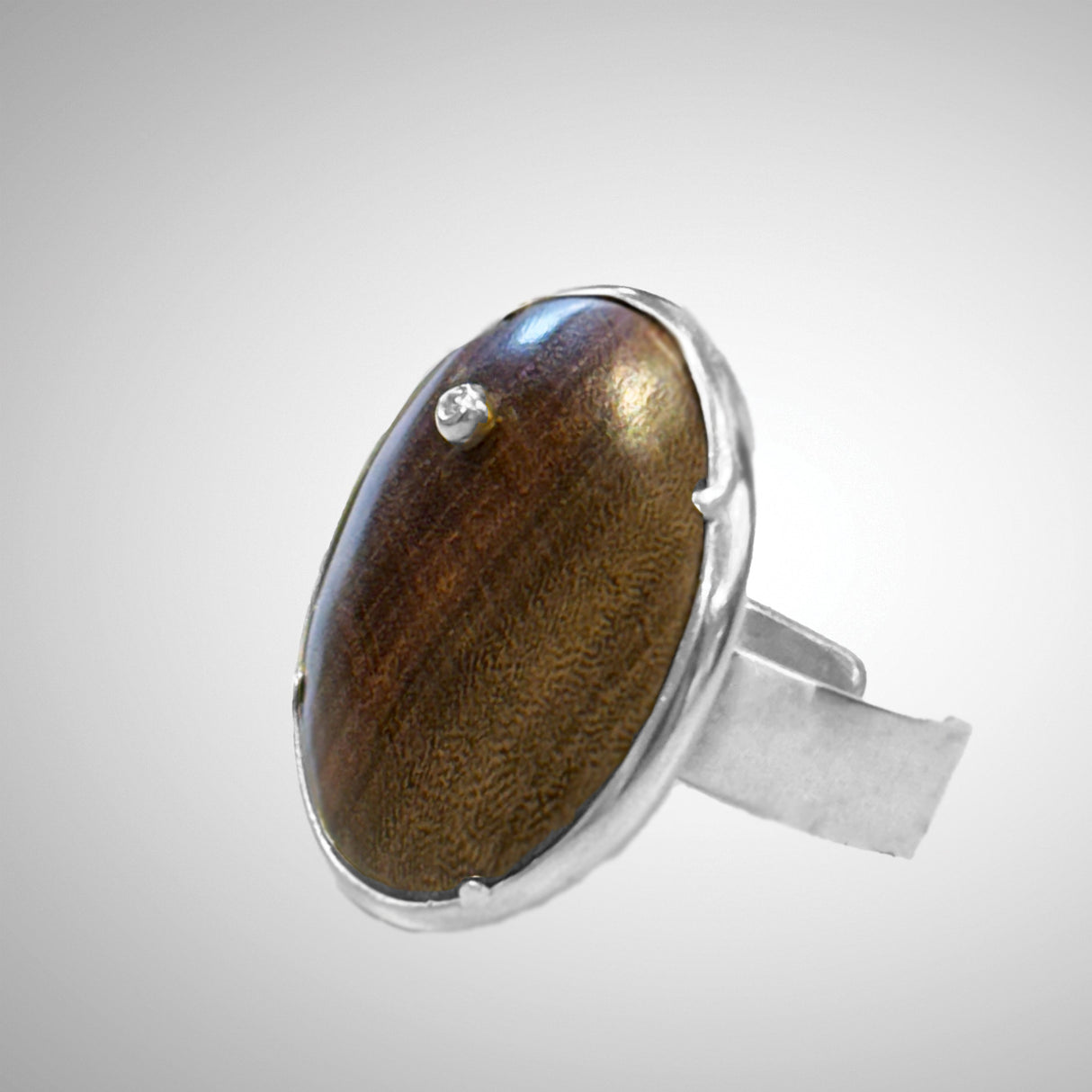 Large Round Wood Ring with Set Diamond Side View