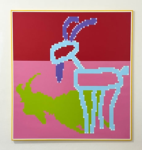 Jiri Mayer Moroccan Mirage Painting with a Goat in Shadow. His inspiration is Microsoft Paint Pixels, incorporating the digital reference with exacting painted brush strokes. 