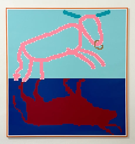 Jiri Mayer Nose Knows Cow Painting with Shadow. Inspired by the pixels of MS Paint but with exacting brushstrokes using acrylic paint on linen.