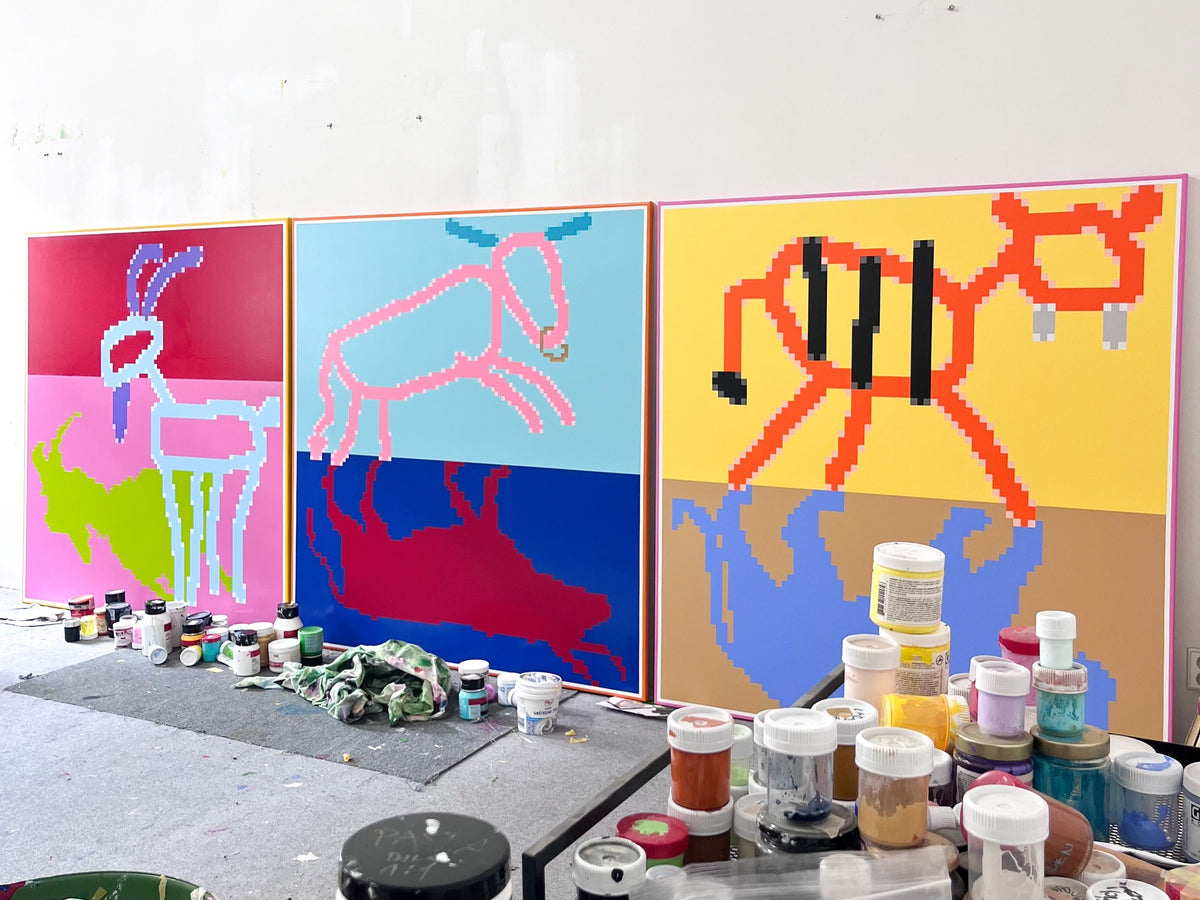 Shadow Series Paintings Side by Side. Moroccan Mirage Goat, Nose Knows Cow and Smilodon Saber Tooth Cat acrylic paintings on linen.
