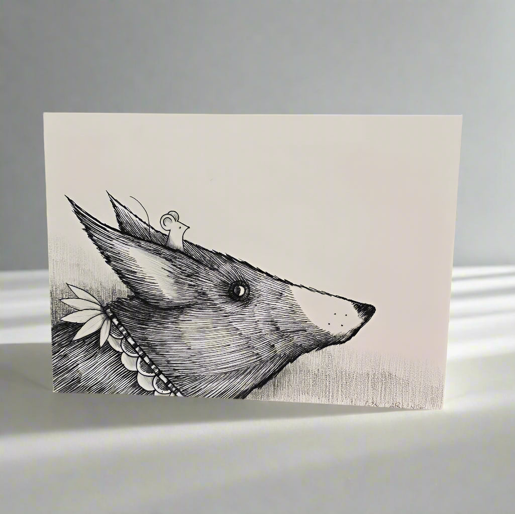 Illustration of a mouse riding a decorated dog.