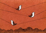 Three birds perched on wires against an orange background with a black line drawing of mountains at the bottom.