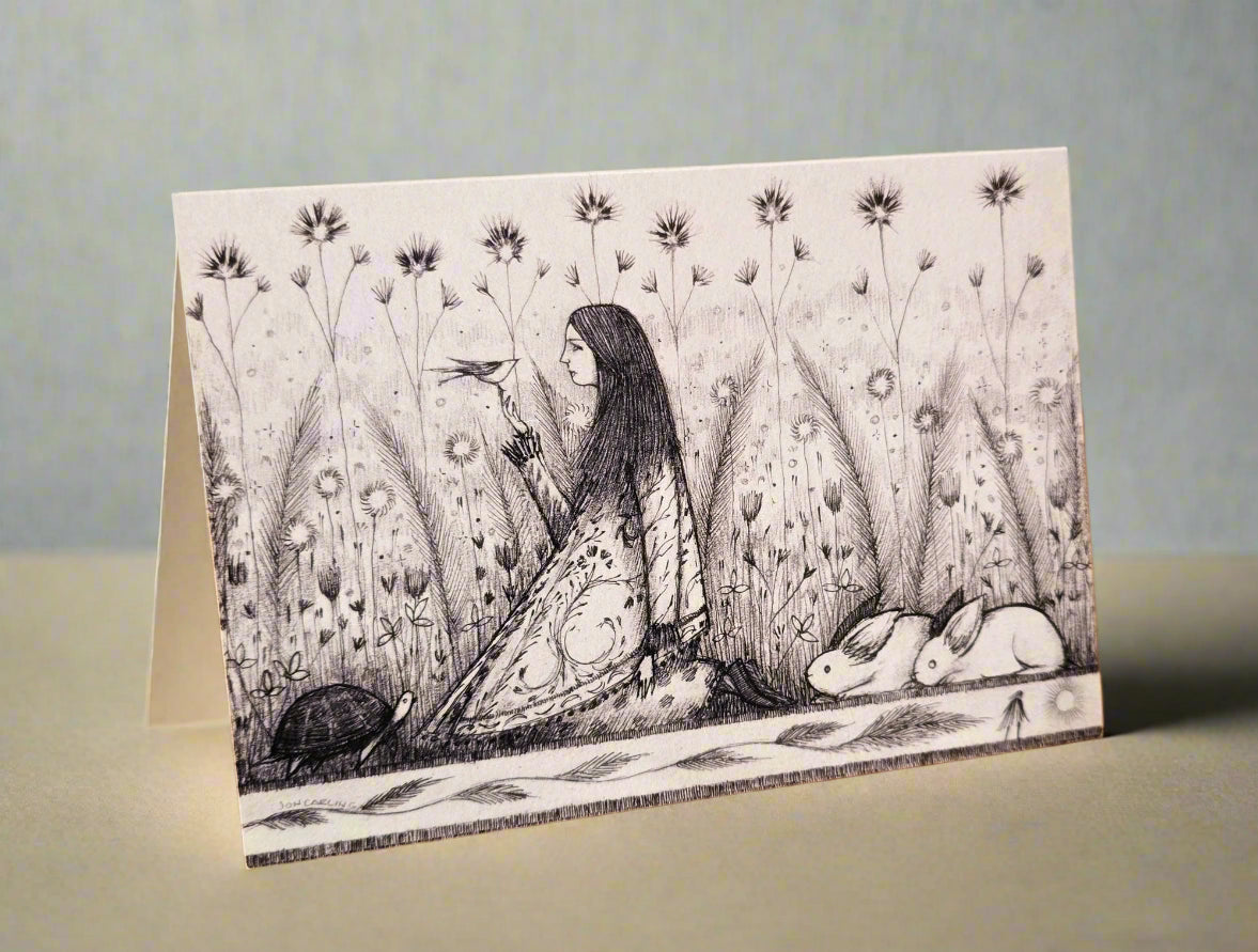 Illustrated card with a woman sitting among flowers and animals 