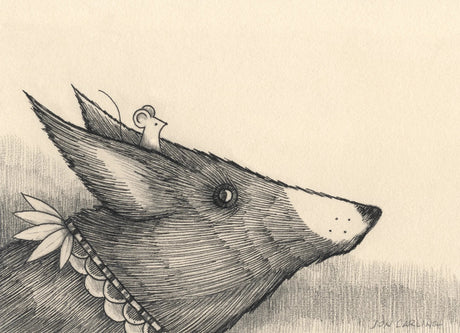 Illustration of a decorated dog with a mouse on its head