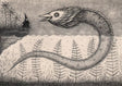 An ink on found paper drawing delightfully depicts an invented Bird Serpent conversing with a traveling witch. By artist Jon Carling.
