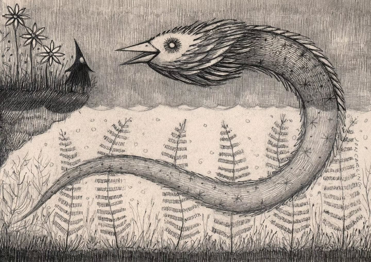 An ink on found paper drawing delightfully depicts an invented Bird Serpent conversing with a traveling witch. By artist Jon Carling.