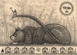An ink and charcoal drawing by Jon Carling delightfully depicts an dual scene: A cat-like creature with a feather tail, upon which is riding a female character with a bird and and sun in the sky; and below, an entire story scene of a neighborhood of mice and their houses and a protector character bidding them hello. 