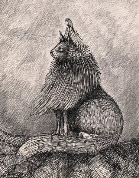 An ink and charcoal pencil drawing delightfully depicts a remarkably small female riding a ginormous pet cat. By artist Jon Carling. This artwork is framed in a vintage found frame, included.