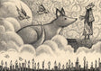 An ink and charcoal drawing delightfully depicts a dual scene: Up in the clouds are a dog-like creature conversing with a female rabbit magic character with birds in the sky; and below, an entire story scene of a neighborhood of people atop buildings. By artist Jon Carling. 
