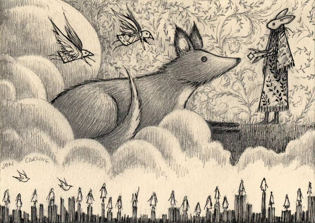 An ink and charcoal drawing delightfully depicts a dual scene: Up in the clouds are a dog-like creature conversing with a female rabbit magic character with birds in the sky; and below, an entire story scene of a neighborhood of people atop buildings. By artist Jon Carling. 