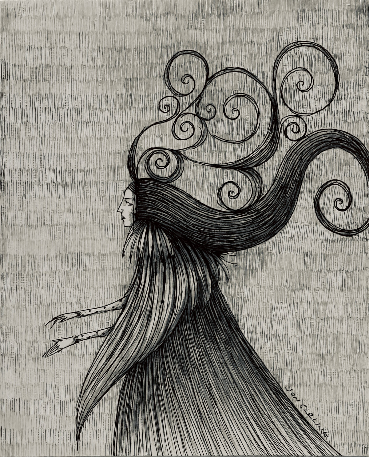 An ink and charcoal pencil drawing mysteriously depicts a sorceress and her wild hair. By artist Jon Carling.