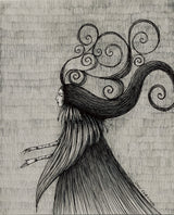 An ink and charcoal pencil drawing mysteriously depicts a sorceress and her wild hair. By artist Jon Carling.