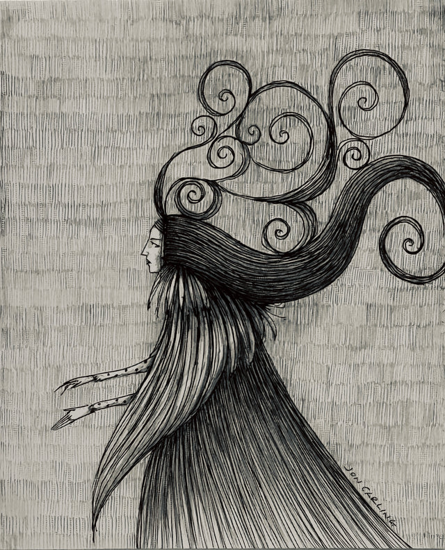 An ink and charcoal pencil drawing mysteriously depicts a sorceress and her wild hair. By artist Jon Carling.