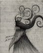 An ink and charcoal pencil drawing mysteriously depicts a sorceress and her wild hair. By artist Jon Carling.