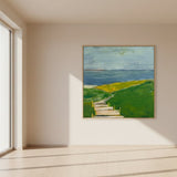 Painting of a landscape with green fields and a blue sky.