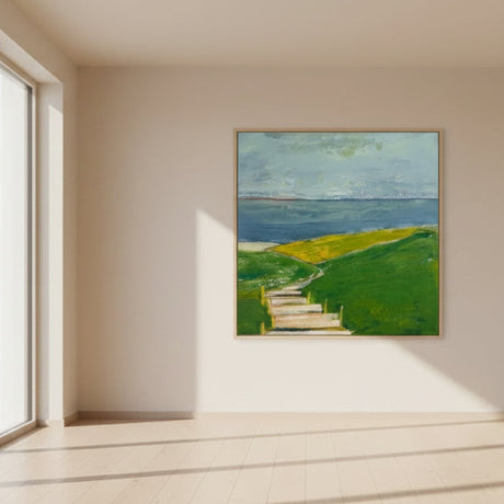 Painting of a landscape with green fields and a blue sky.