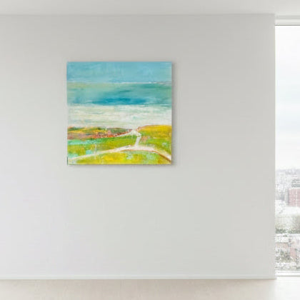 color field of rich bright yellows, blues and green textures of wide open ocean spaces and farmlands.