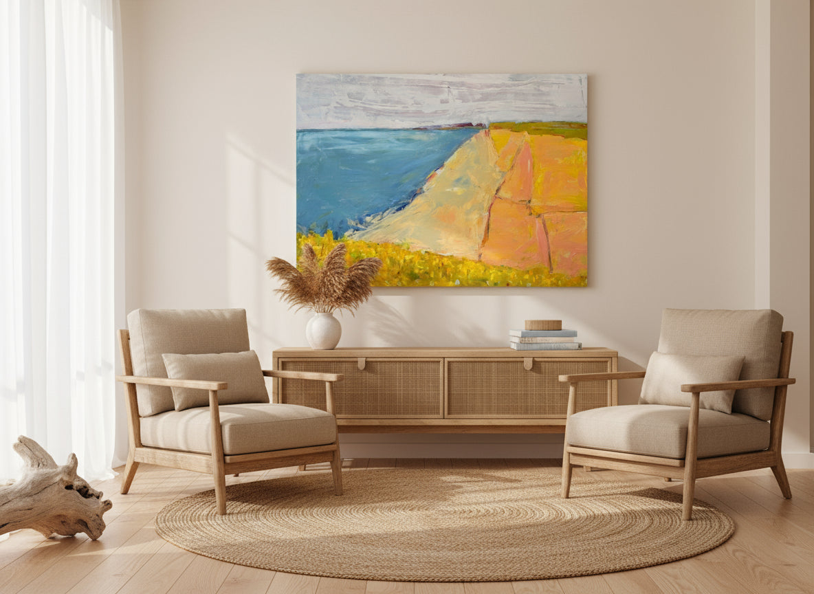 Painting of a topographical landscape with ocean and land