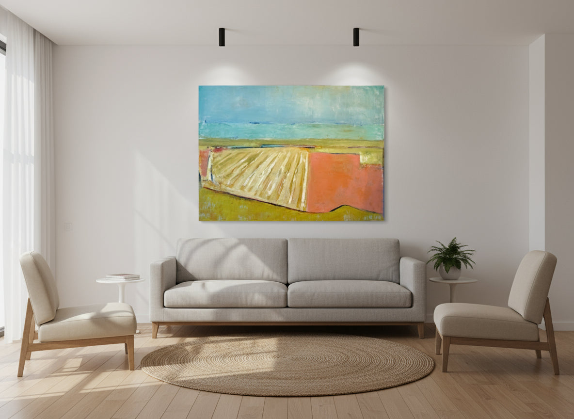 Abstract artwork with geometric shapes representational topographical landscape in red, yellow, and blue on a textured background