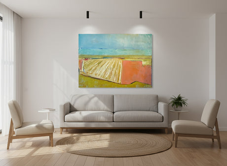 Abstract artwork with geometric shapes representational topographical landscape in red, yellow, and blue on a textured background