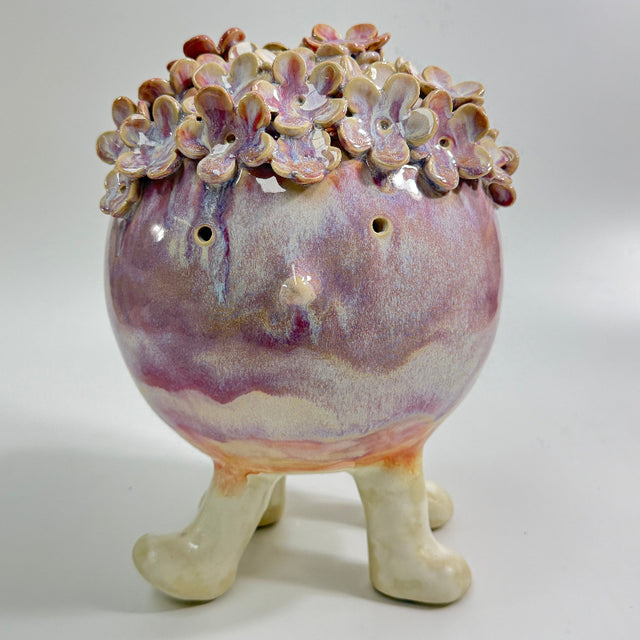 4 Legged Flower Monster Ceramic Sculpture in iridescent lavender Mist Glaze