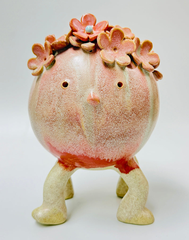 4 Legged Flower Monster Ceramic Sculpture in Coral Glaze