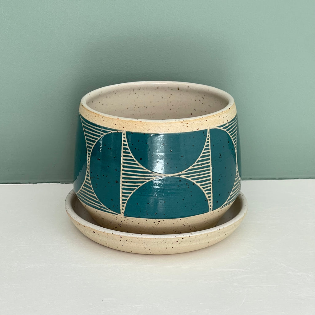 4.5" planter and saucer with geometric teal design by Julems Ceramics
