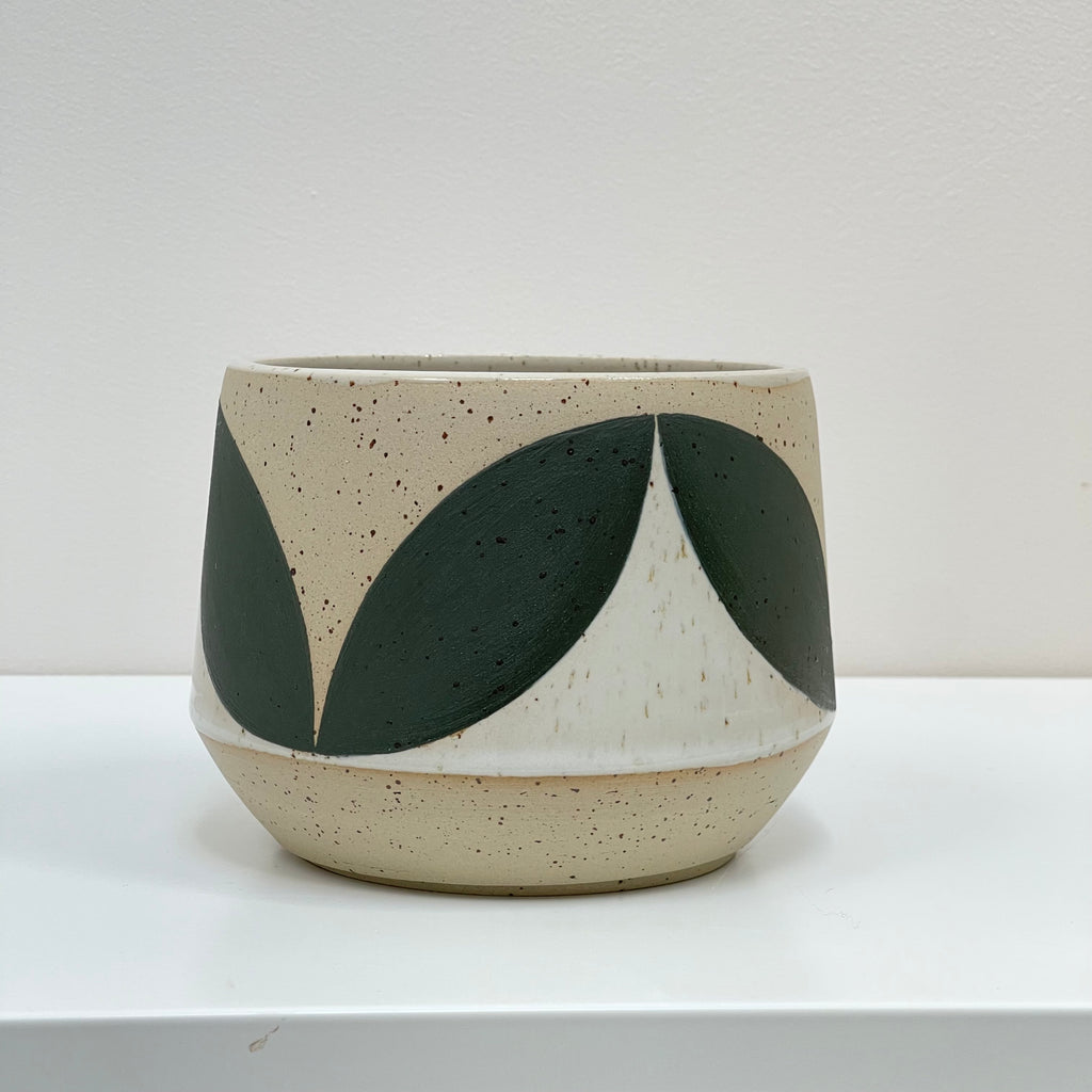 Julems Ceramics wheel thrown 4.5" planter with a dark green solid leaf design.