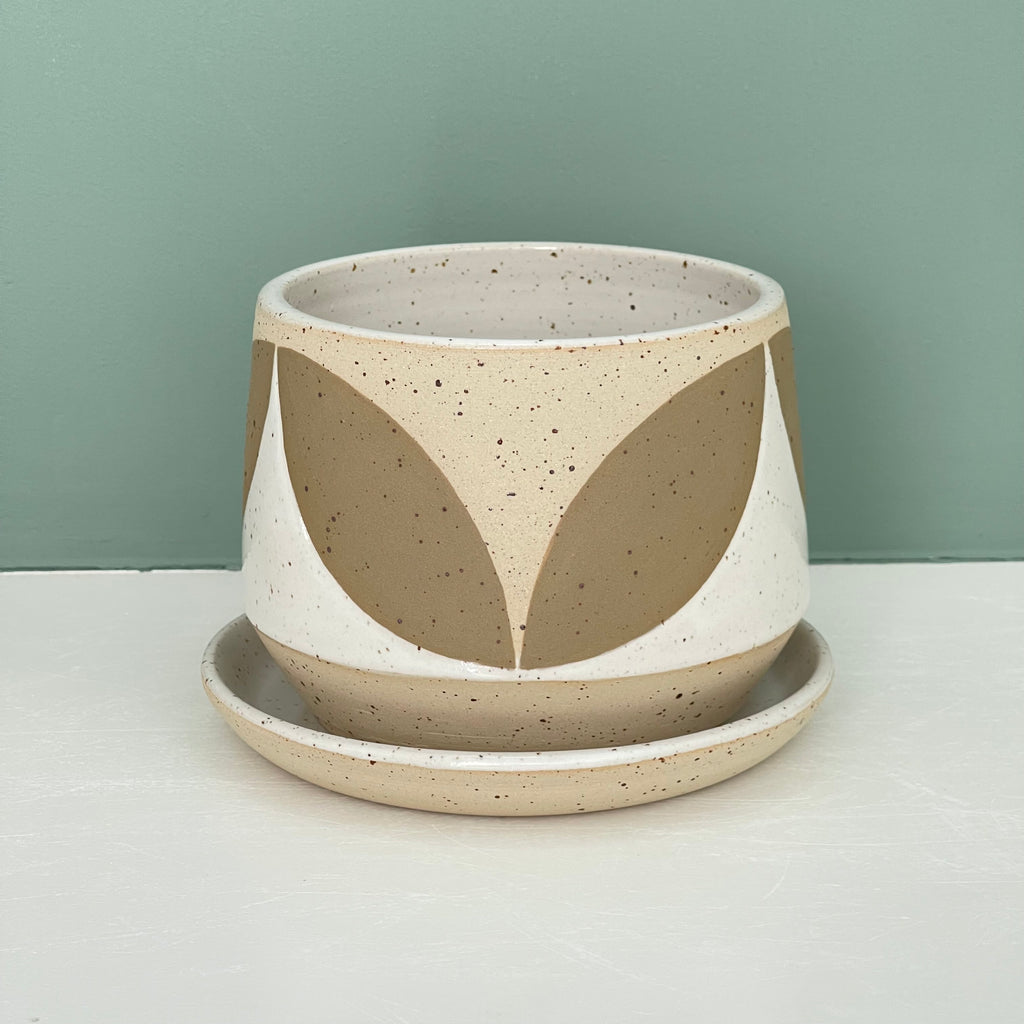 Julems Ceramics wheel thrown 4.5" planter with an olive green solid leaf design.