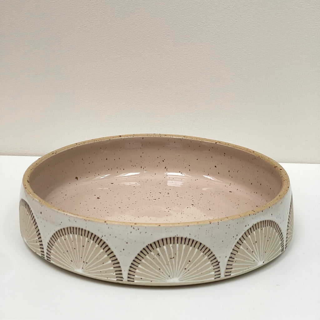 Julems Ceramics Double Wheel Thrown Tray or Platter with Double Sun Rays Design.