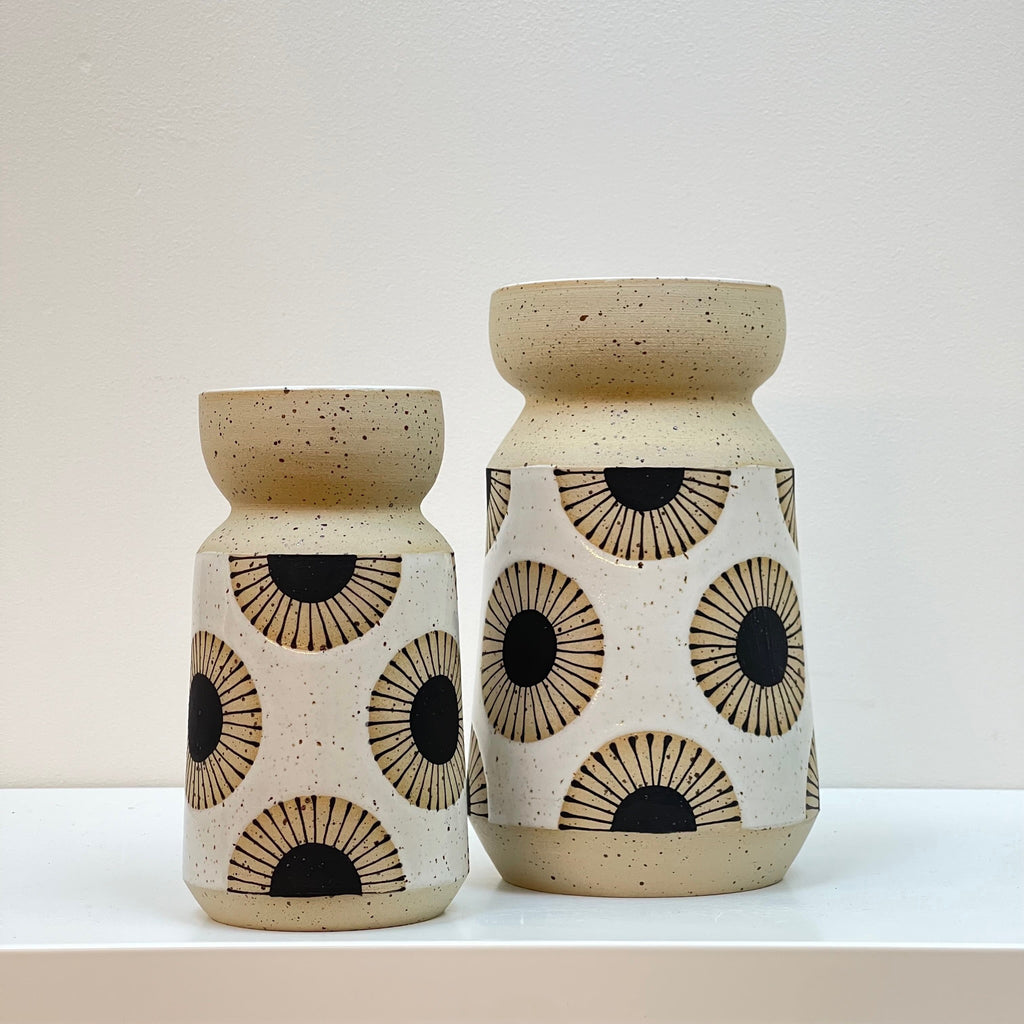 These look so good in a group! A black sun vase for displaying your fave bouquet. Judith Lemmens, designer behind the Julems line of wheel thrown ceramics, draws each of her Scandinavian inspired designs atop her gorgeous forms.