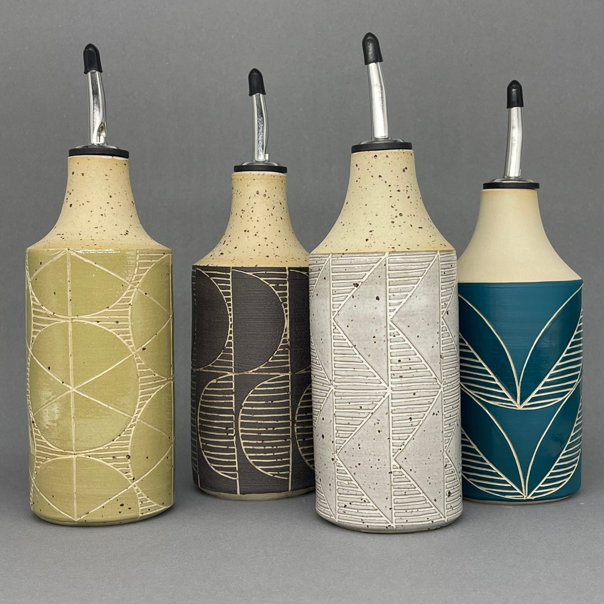 Julems / Ceramics / Oil Vinegar Bottle / Sgraffito Lines Various