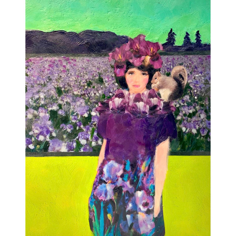 Linda pulls from the 20's and 30's, anything French and locations in the San Francisco Bay Area in this Encaustic Mixed Media series, Floral Follies. We love the super bloom in Portrait of Iris and the unexpected appearance of a squirrel. 