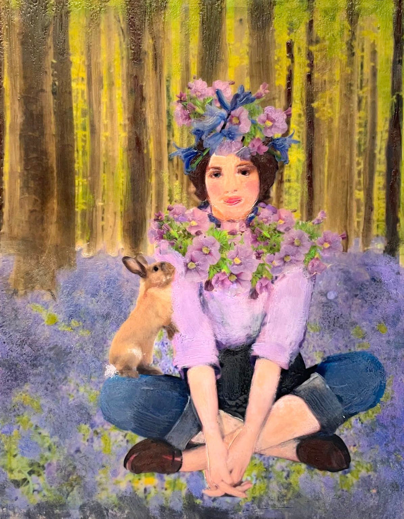 Encaustic painting in a San Francisco Bay Area Forest with blooming blue bells, a woman Bella in blue jeans and with her super cute bunny rabbit.