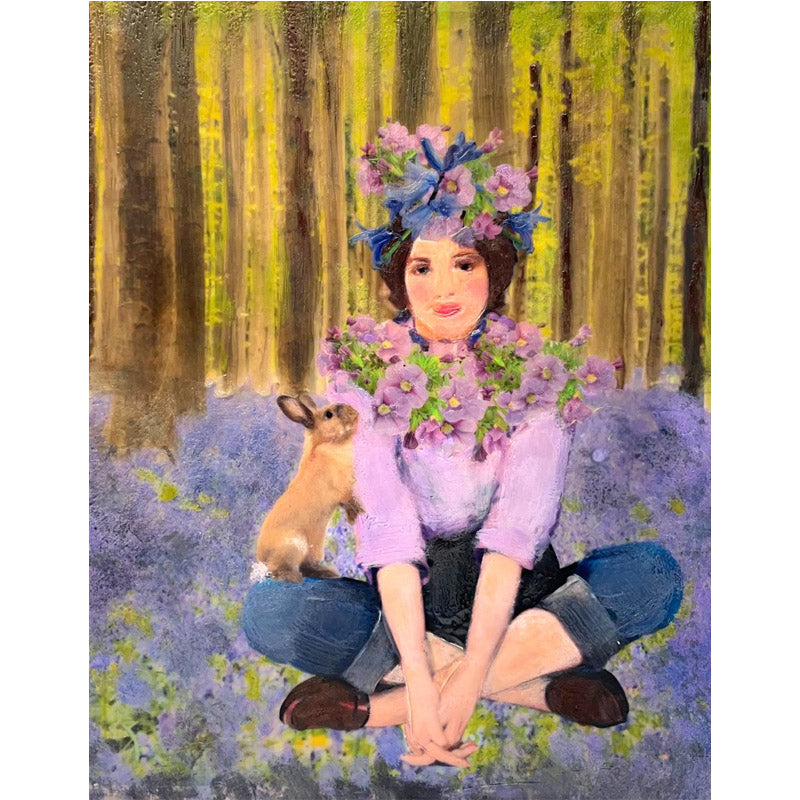 Linda pulls from the 20's and 30's, anything French and locations in the San Francisco Bay Area in this Encaustic Mixed Media series, Floral Follies. We love this scene from the forest where Bella communes with blooming blue bells and a super cute bunny. 