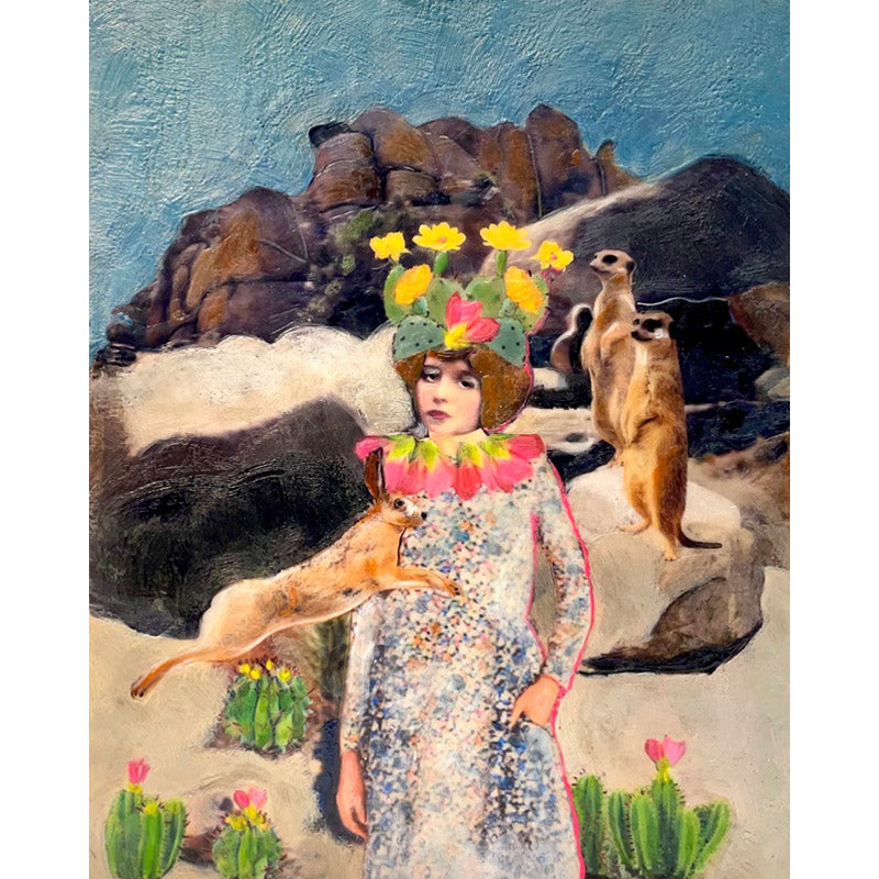 Linda pulls from the 20's and 30's, anything French and in this new Encaustic Mixed Media series, True Lies, some of her best absurd delight. We love this desert scene with a hare, a group of meerkats and cactus flowers in bloom. 