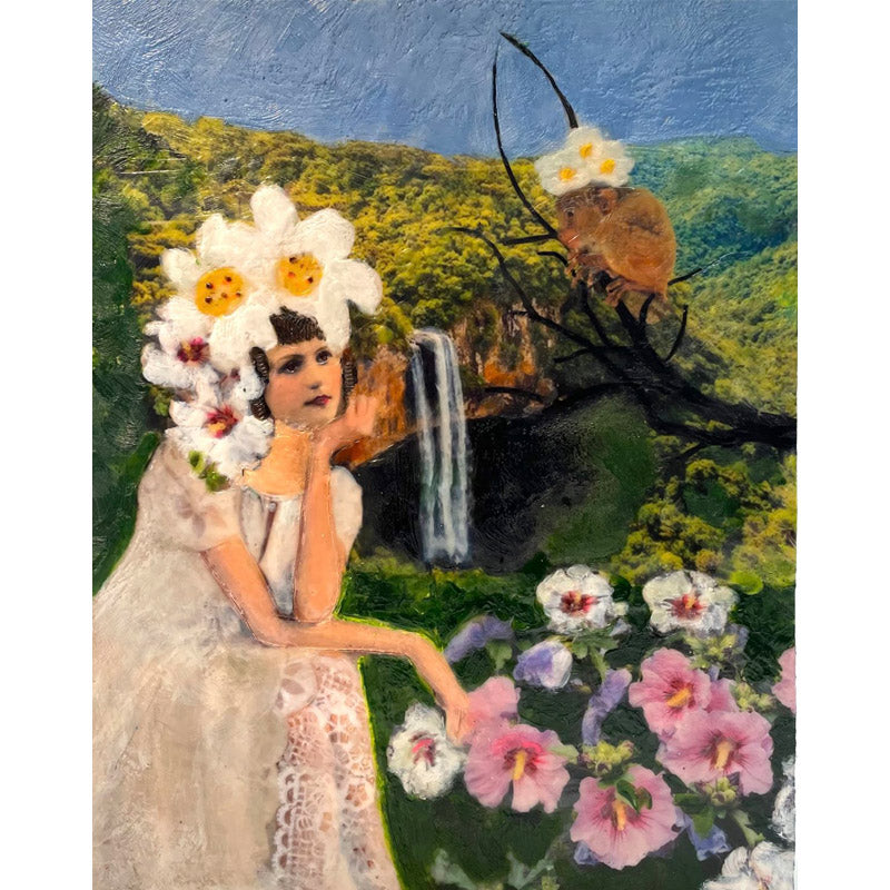 Linda pulls from the 20's and 30's, anything French and in this new Encaustic Mixed Media series, True Lies, some of her best absurd delight. We love this jungle scene with a diaphanous Jane at the waterfall. 