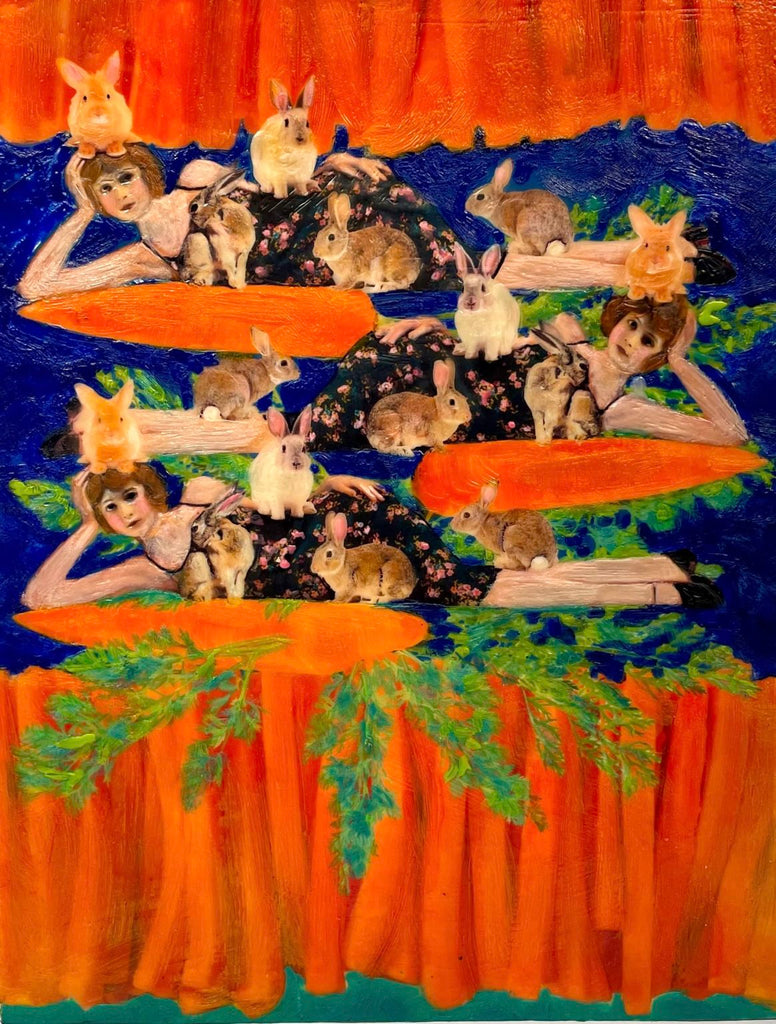 A whimsical encaustic painting scene with women, bunnies and carrots by Linda Benenati