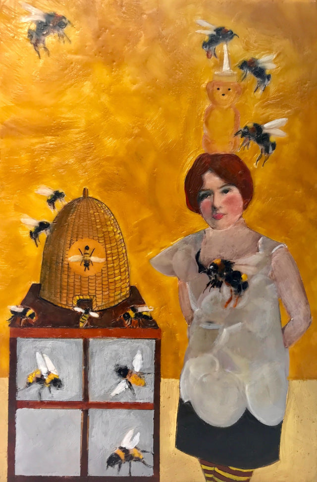 A woman with bees and a beehive on an orange honey-colored background