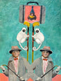 Two men in suits with bow ties stand next to a suitcase with a monkey painted on the outside, on a teal background.