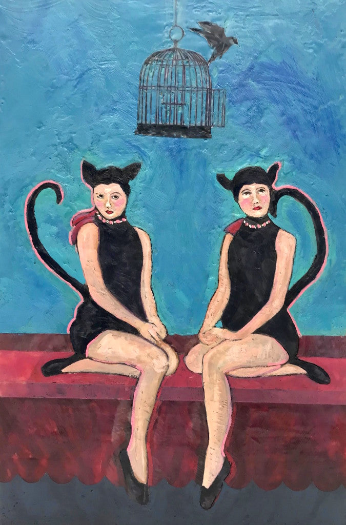 Artistic depiction of two women with cat-like features sitting on a ledge with a birdcage above them.